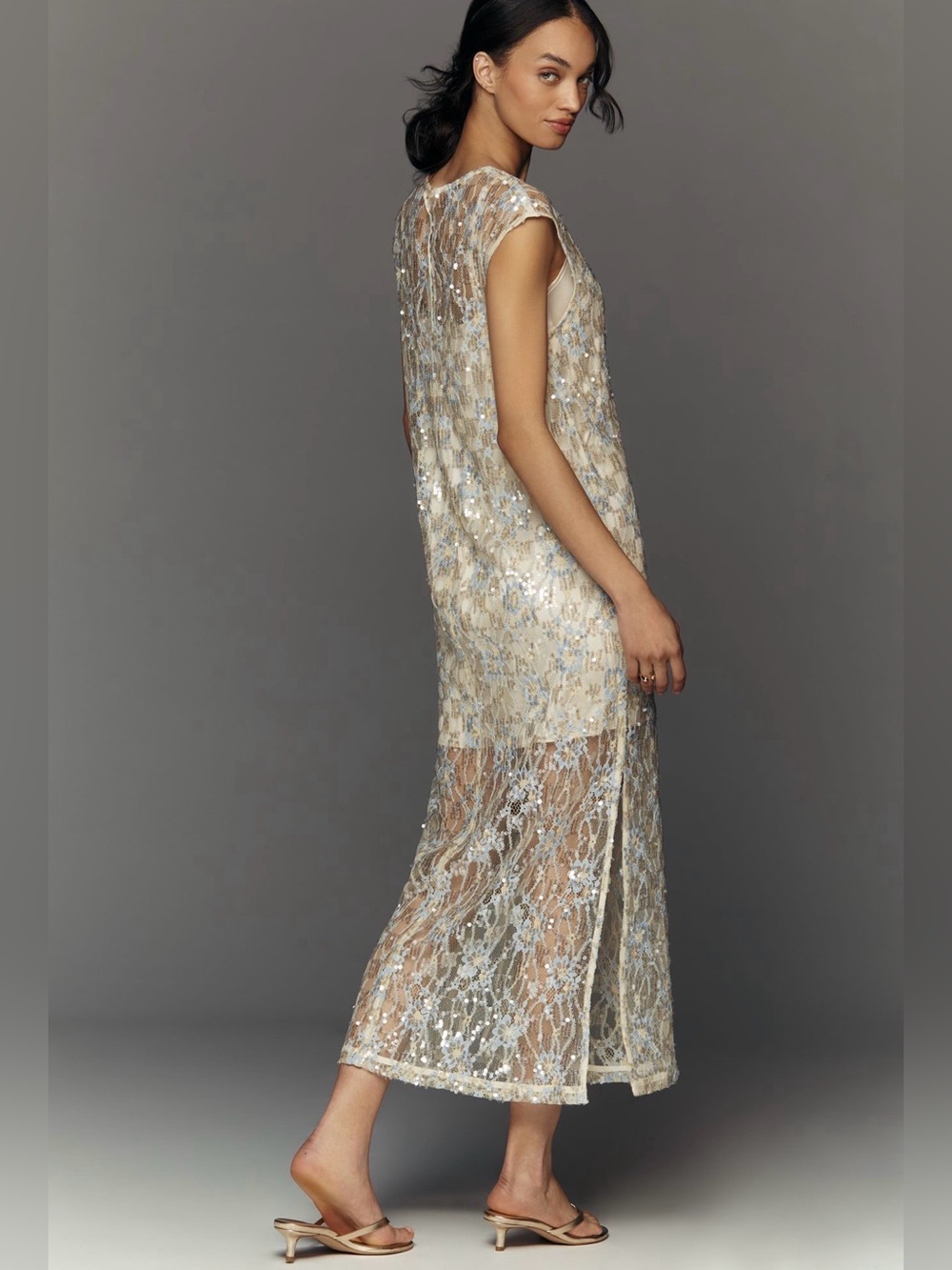 Anthropologie Ivory and Light Blue Beaded Lace Maxi Dress - Picture 2 of 5